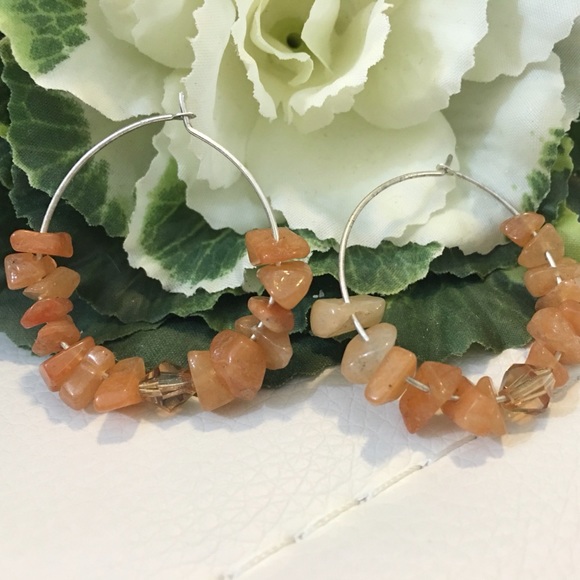 NWOT Carnelian Chips Crystal Hoop Earrings - Picture 1 of 4